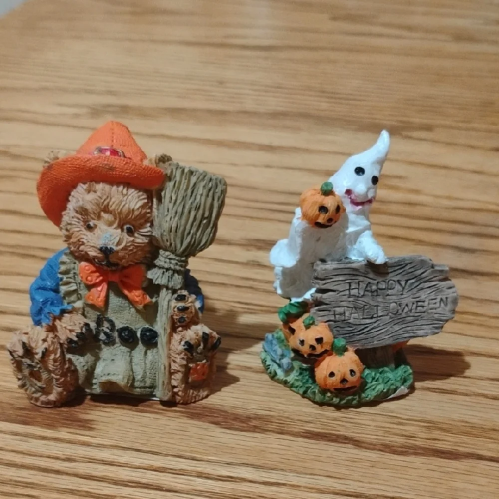 Vintage 1997 Resin Halloween Bear and Ghost Figurine Set
